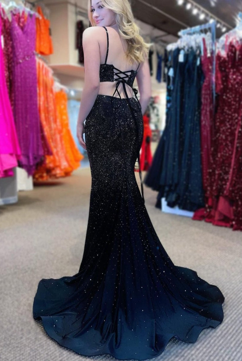 Emelia | Mermaid Spaghettti Strap Beaded Satin Prom Dress with Slit