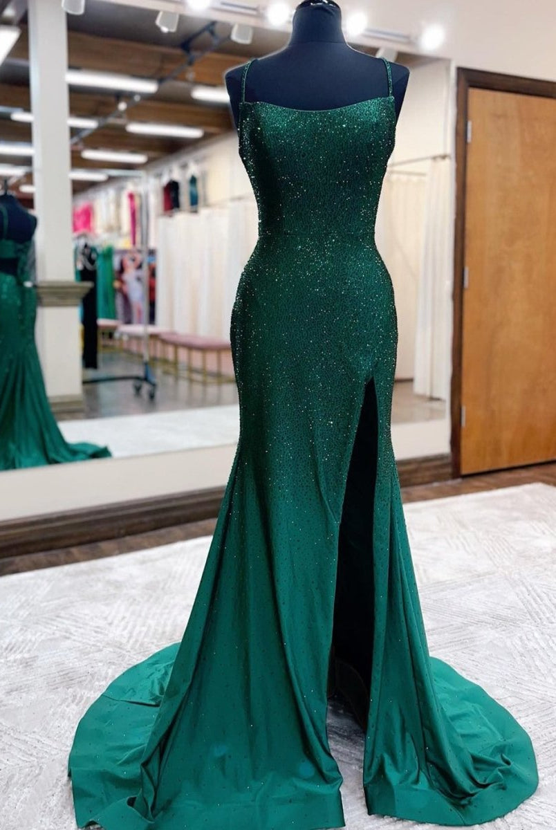 Emelia | Mermaid Spaghettti Strap Beaded Satin Prom Dress with Slit
