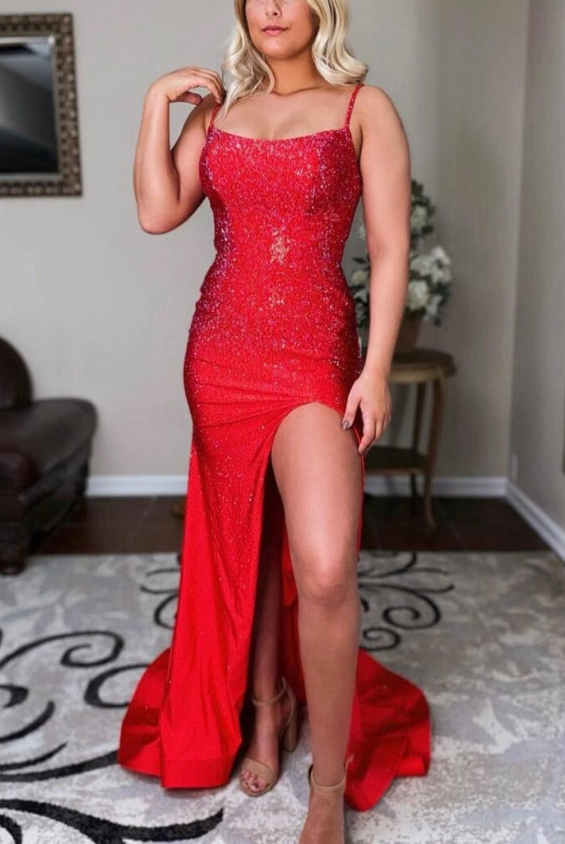 Emelia | Mermaid Spaghettti Strap Beaded Satin Prom Dress with Slit