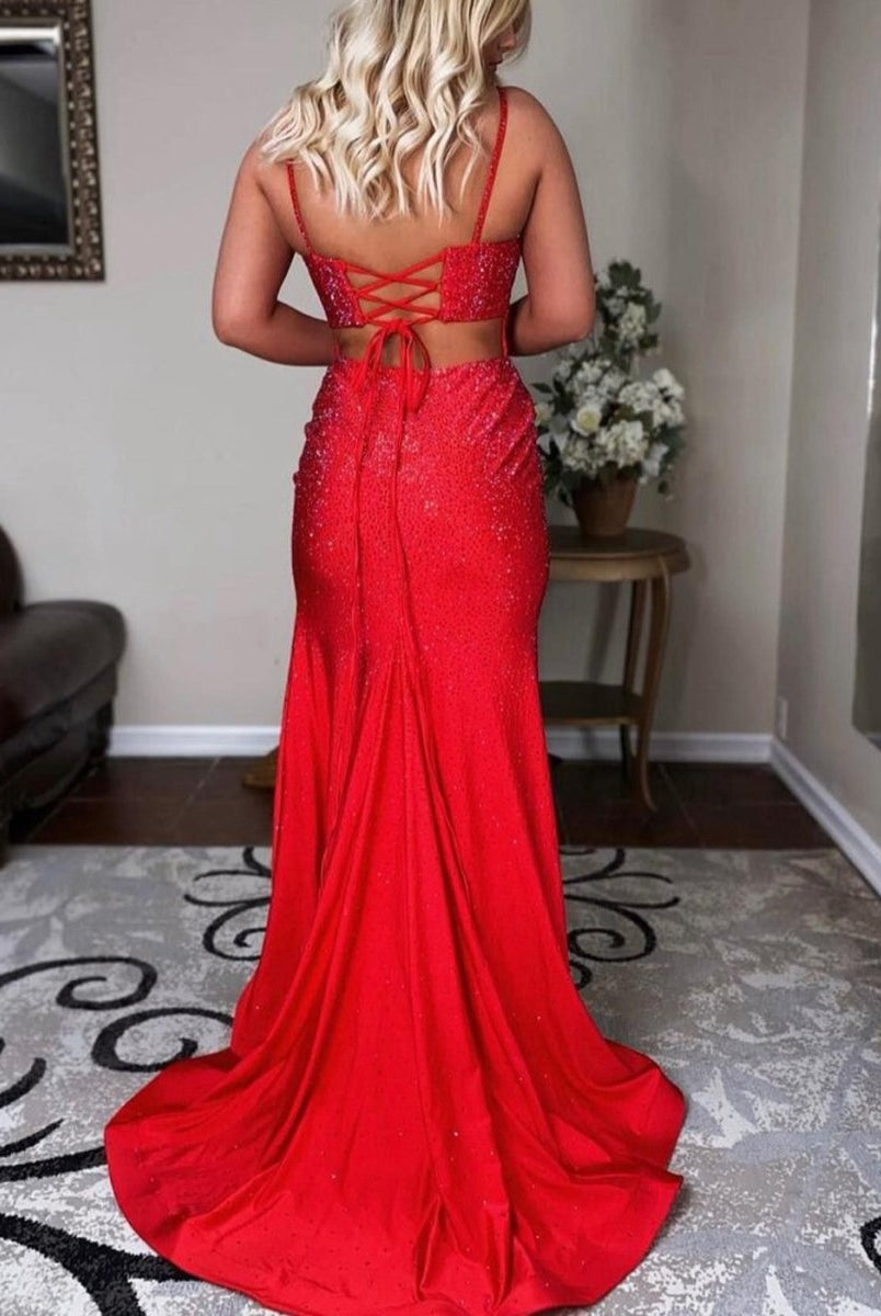 Emelia | Mermaid Spaghettti Strap Beaded Satin Prom Dress with Slit