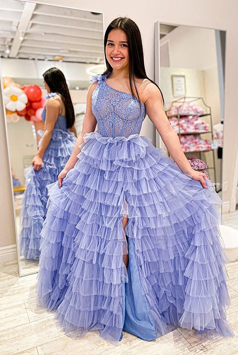 Kinsley | A Line One Shoulder Tiered Long Prom Dress