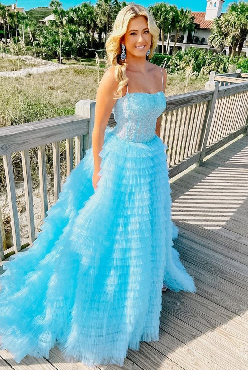 Caroline | A Line Spaghetti Straps Corset Ruffled Prom Dress - KissProm