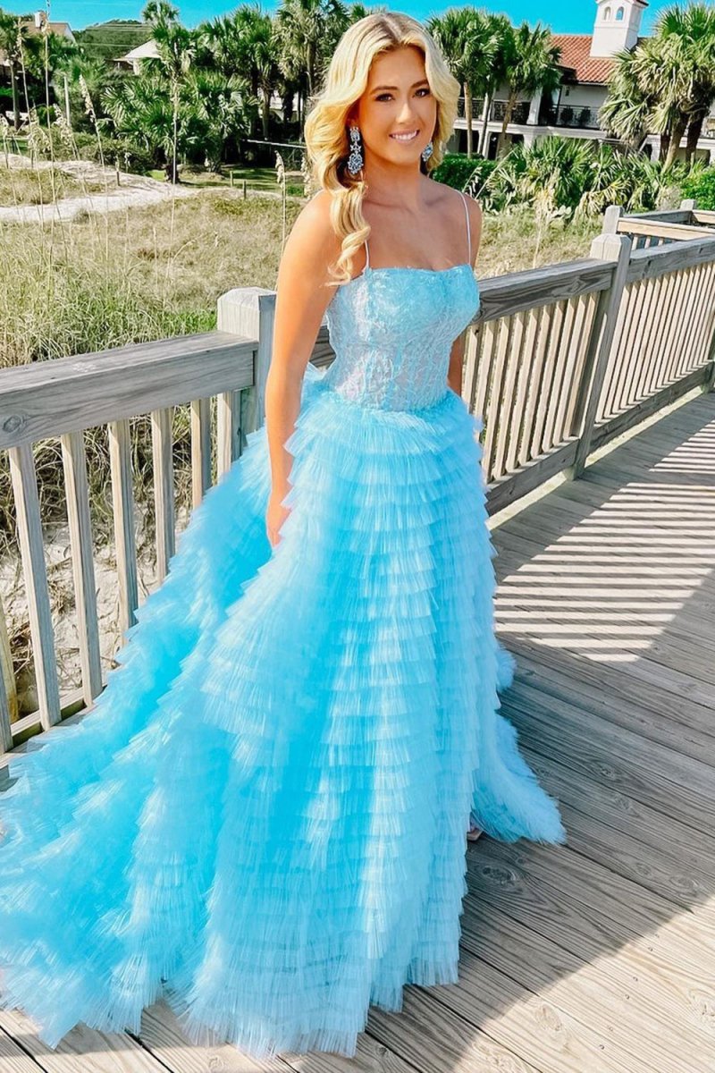 Caroline | A Line Spaghetti Straps Corset Ruffled Prom Dress - KissProm