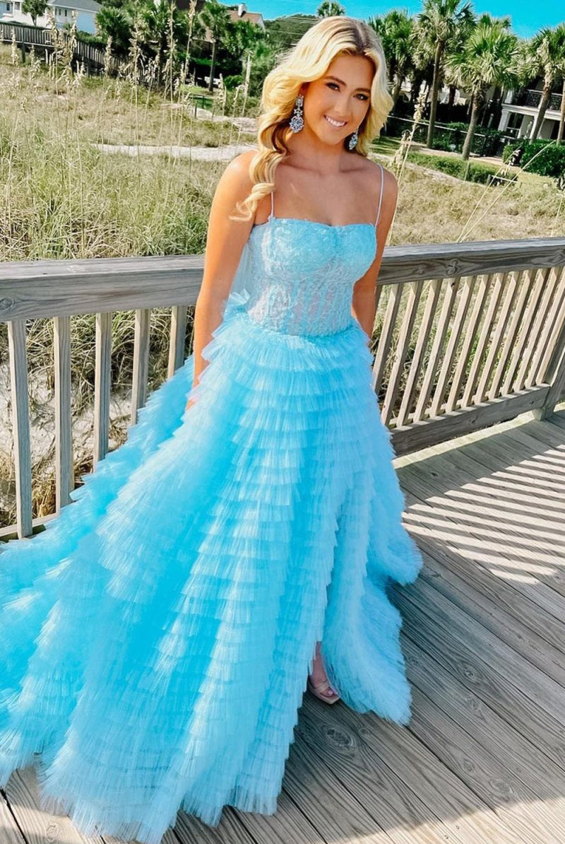 Caroline | A Line Spaghetti Straps Corset Ruffled Prom Dress - KissProm