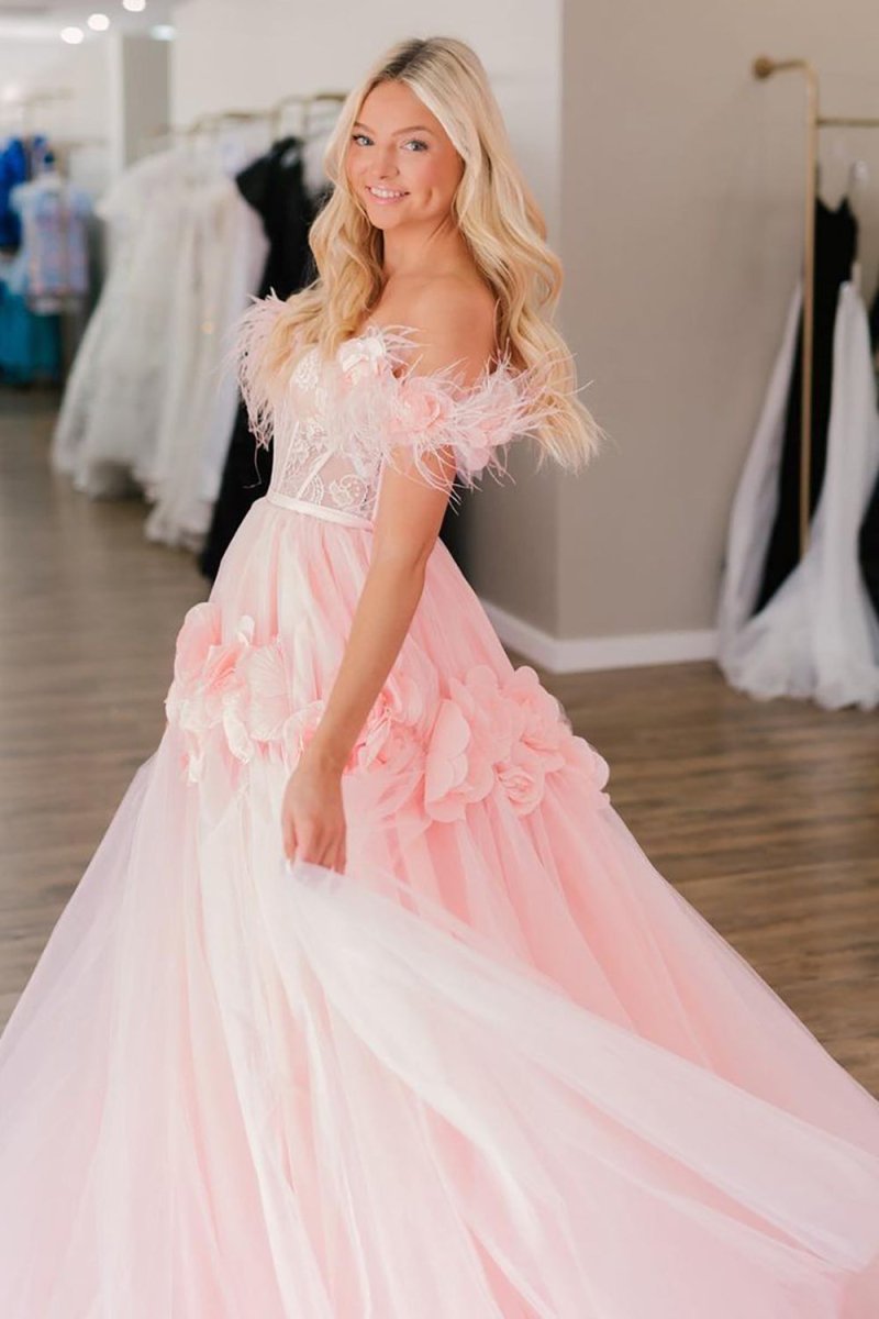 CALI |PRINCESS A - LINE OFF THE SHOULDER LACE TULLE PROM DRESS - KissProm