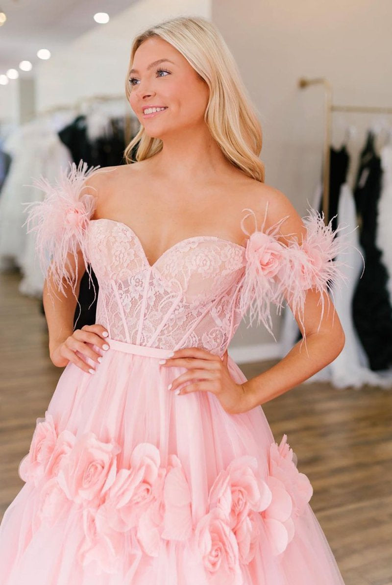 CALI |PRINCESS A - LINE OFF THE SHOULDER LACE TULLE PROM DRESS - KissProm