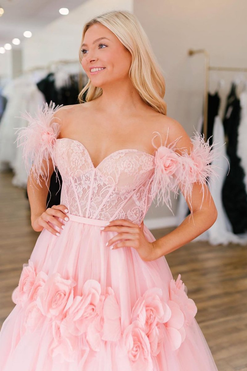 CALI |PRINCESS A - LINE OFF THE SHOULDER LACE TULLE PROM DRESS - KissProm