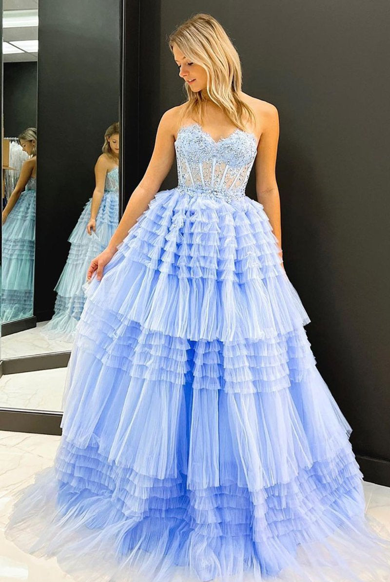 Gracie | A Line Sweetheart Tulle Long Prom Dress with Ruffles - KissProm