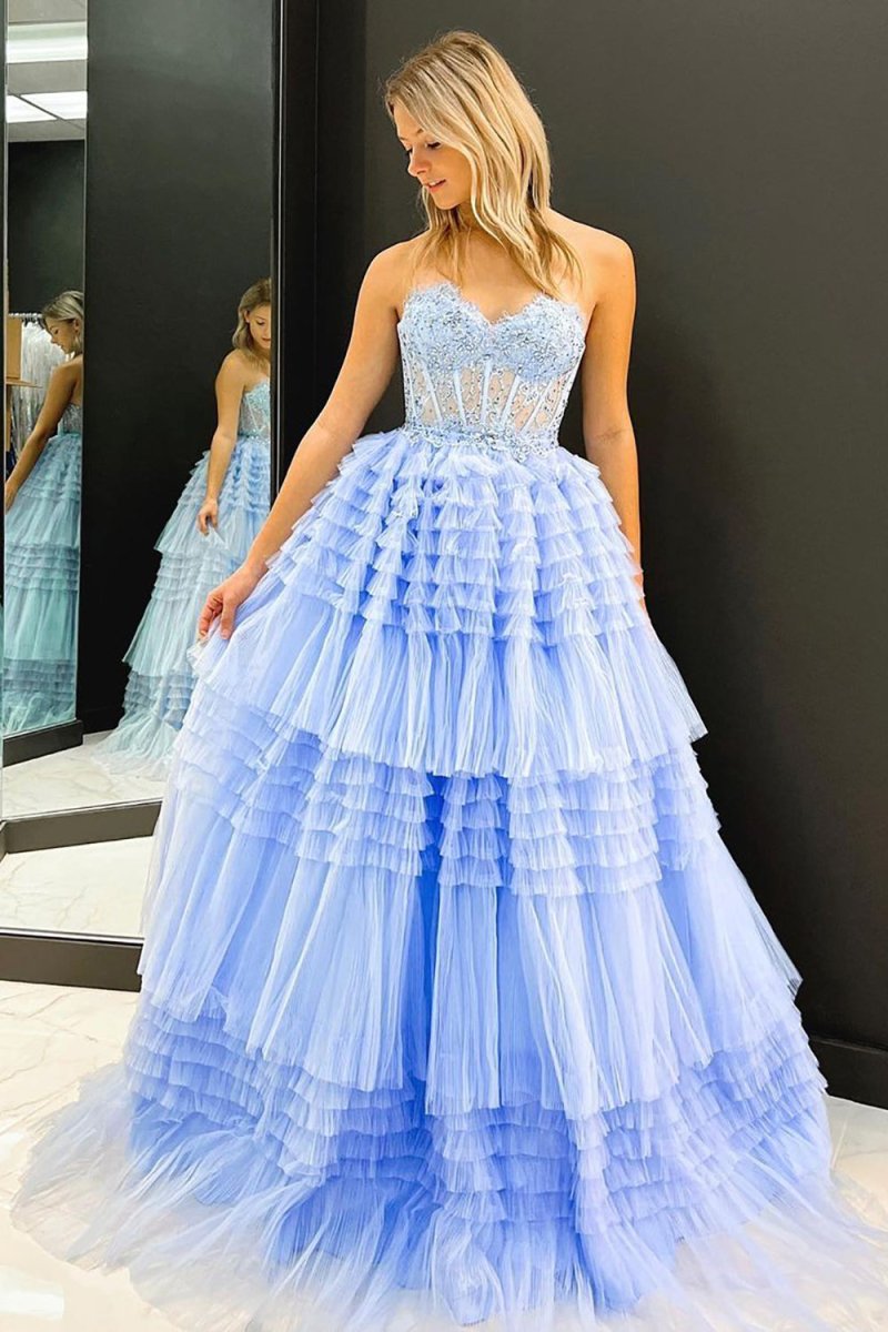 Gracie | A Line Sweetheart Tulle Long Prom Dress with Ruffles - KissProm