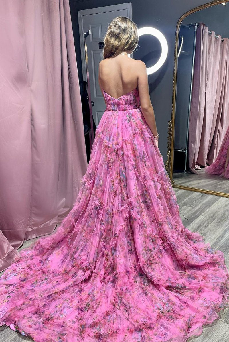 Izabella |A-Line Sweetheart Floral Printed Tulle Prom Dress with Slit