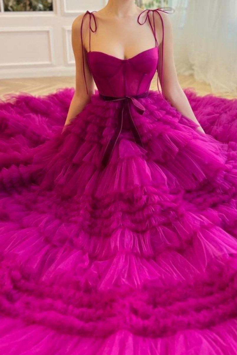 Blair |A Line Strapless Fuchsia Tiered Long Tulle Prom Dress