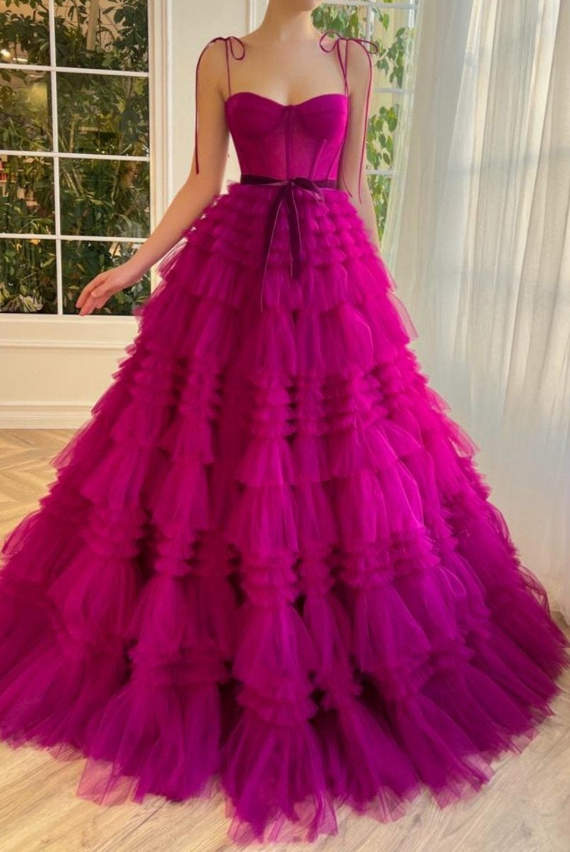 Blair |A Line Strapless Fuchsia Tiered Long Tulle Prom Dress