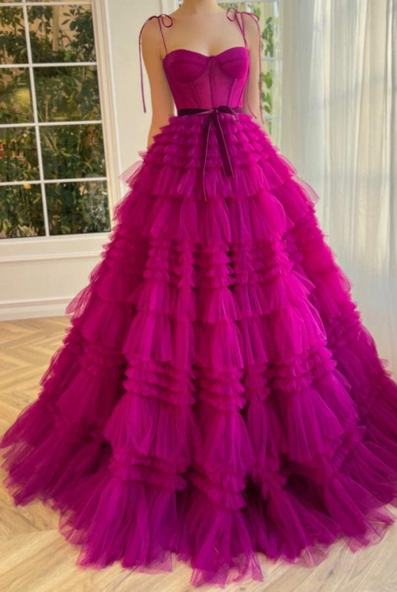 Blair |A Line Strapless Fuchsia Tiered Long Tulle Prom Dress