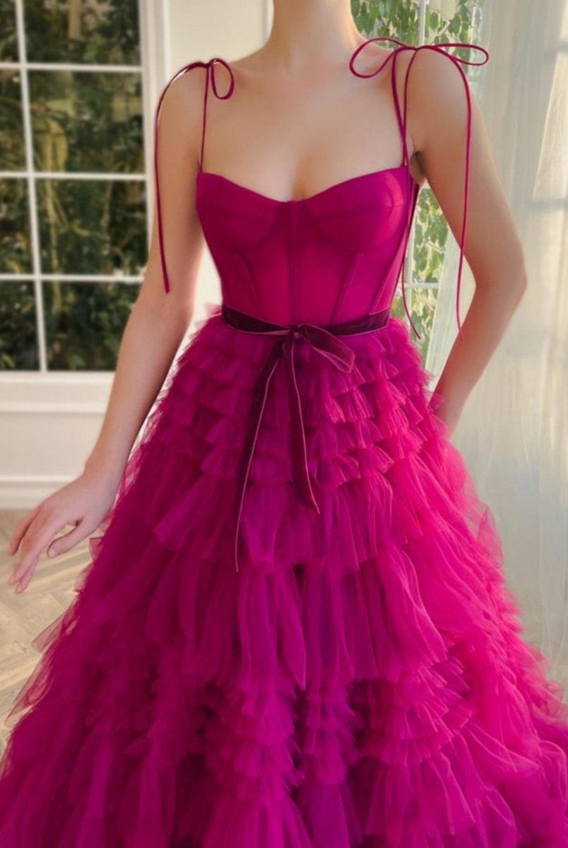 Blair |A Line Strapless Fuchsia Tiered Long Tulle Prom Dress