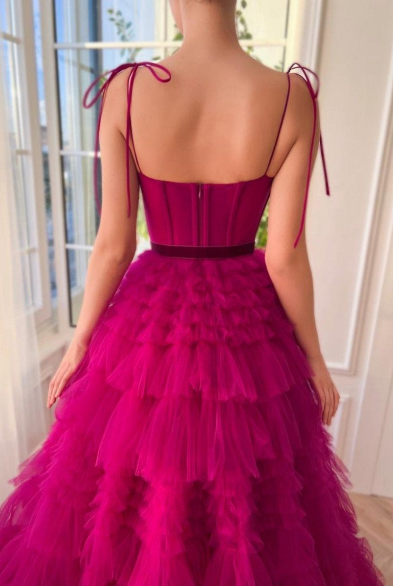 Blair |A Line Strapless Fuchsia Tiered Long Tulle Prom Dress