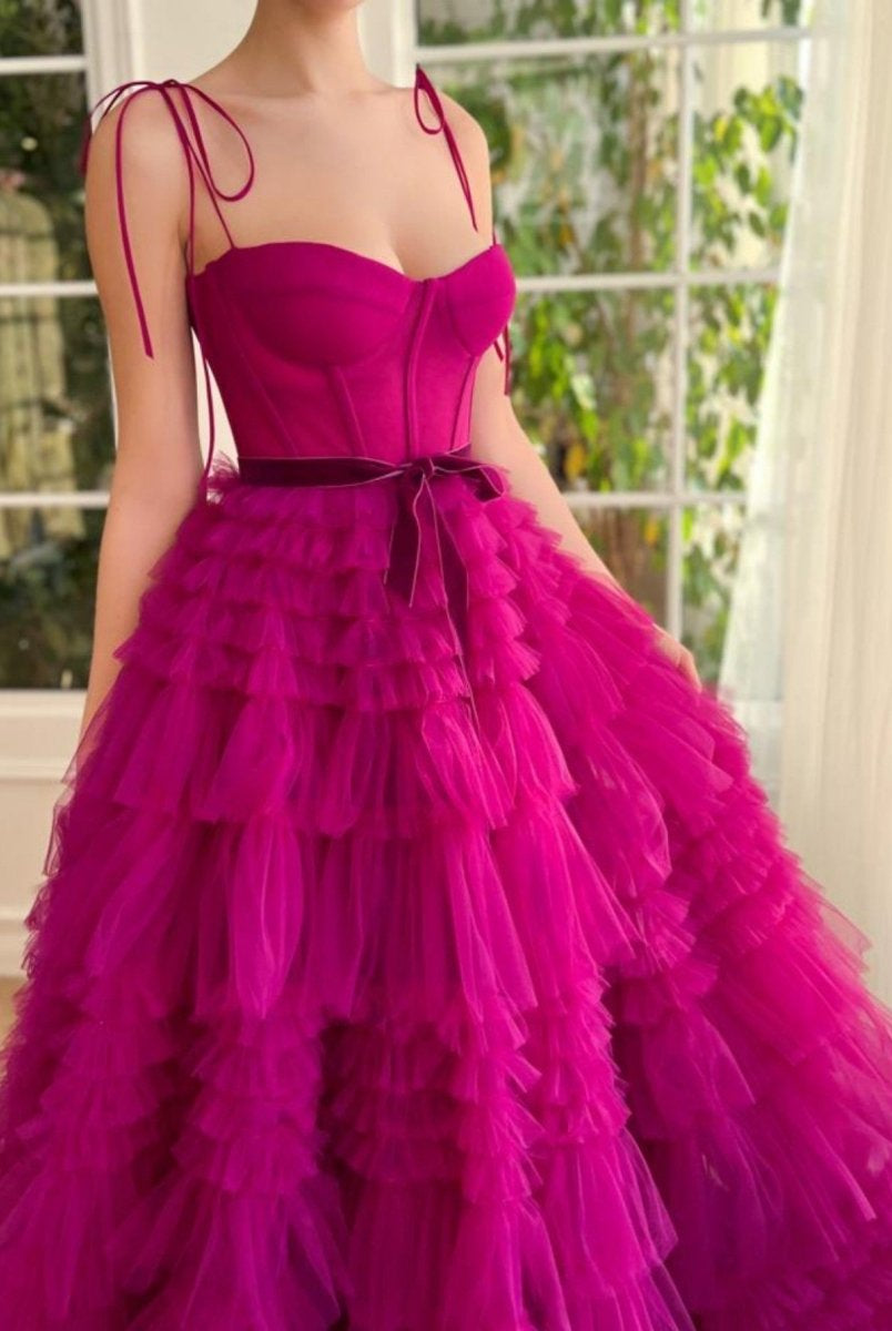 Blair |A Line Strapless Fuchsia Tiered Long Tulle Prom Dress