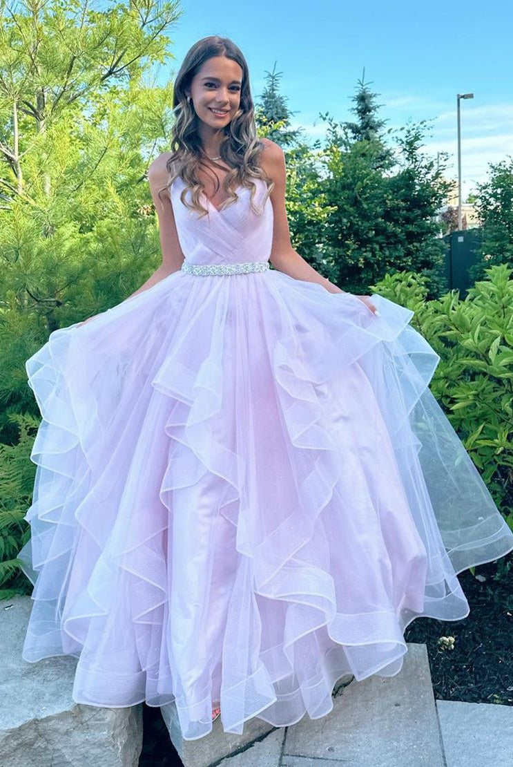Salem |A-Line V-Neck Ruffled Tulle Prom Dress With Belt