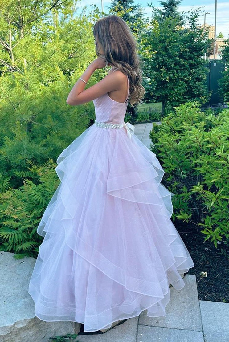 Salem |A-Line V-Neck Ruffled Tulle Prom Dress With Belt