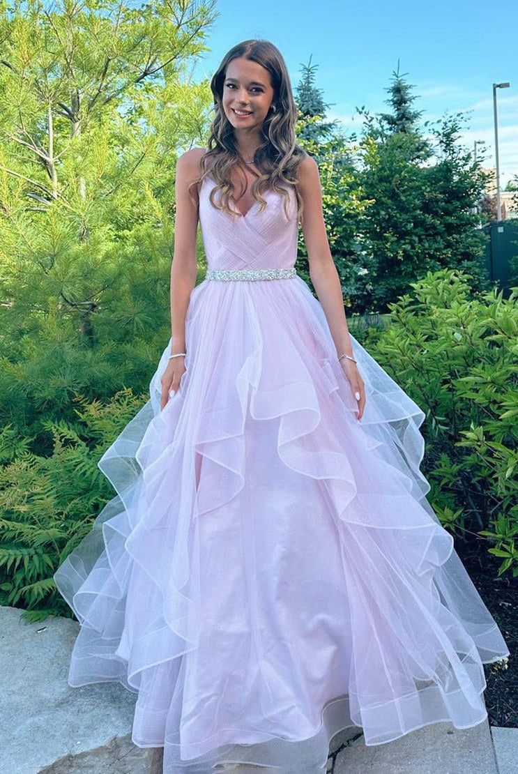 Salem |A-Line V-Neck Ruffled Tulle Prom Dress With Belt