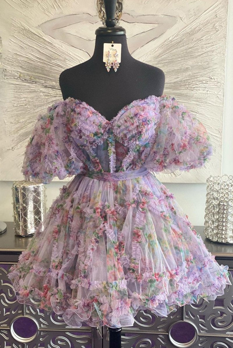 Ivana | Light Purple A Line Off the Shoulder Printed Homecoming Dress