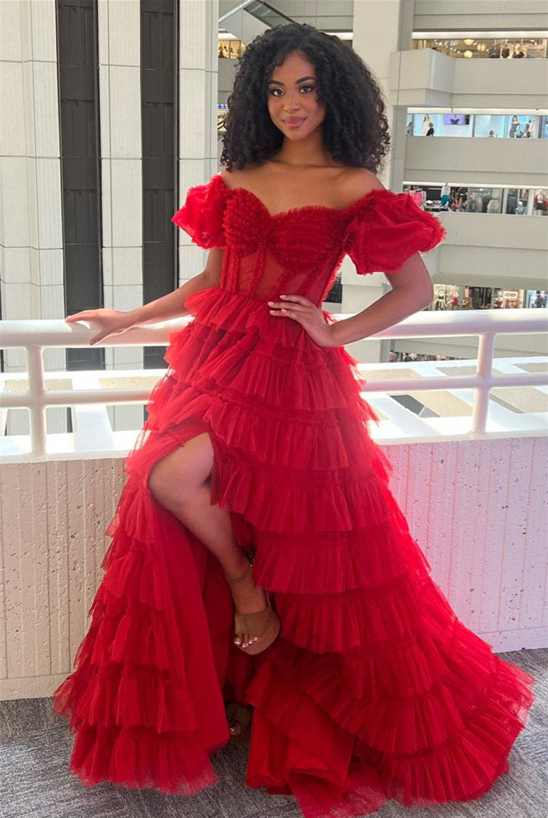 Elia |A-line Off-the-Shoulder Tulle Prom Dress with Slit