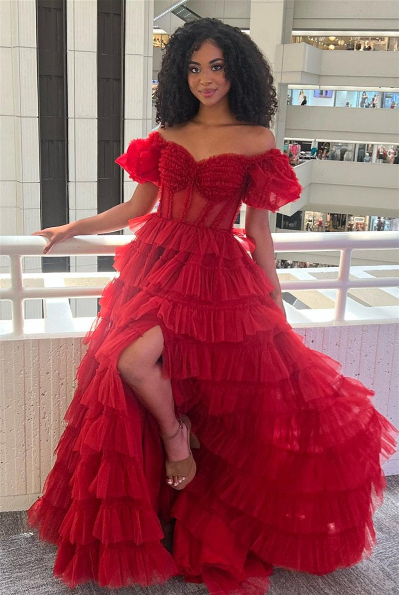 Elia |A-line Off-the-Shoulder Tulle Prom Dress with Slit