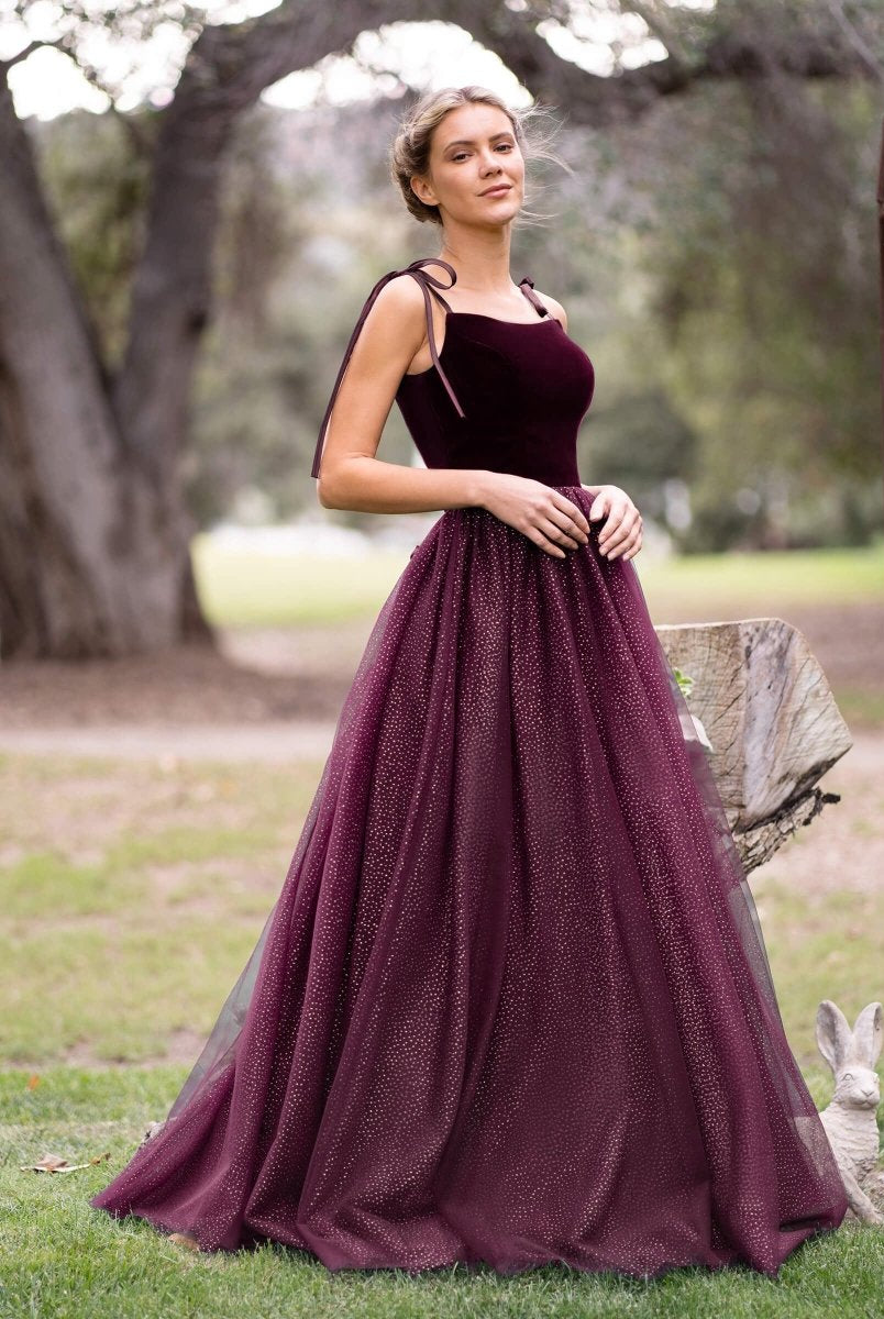 Spagatti Straps Velvet Tulle Floor Length Prom Dress