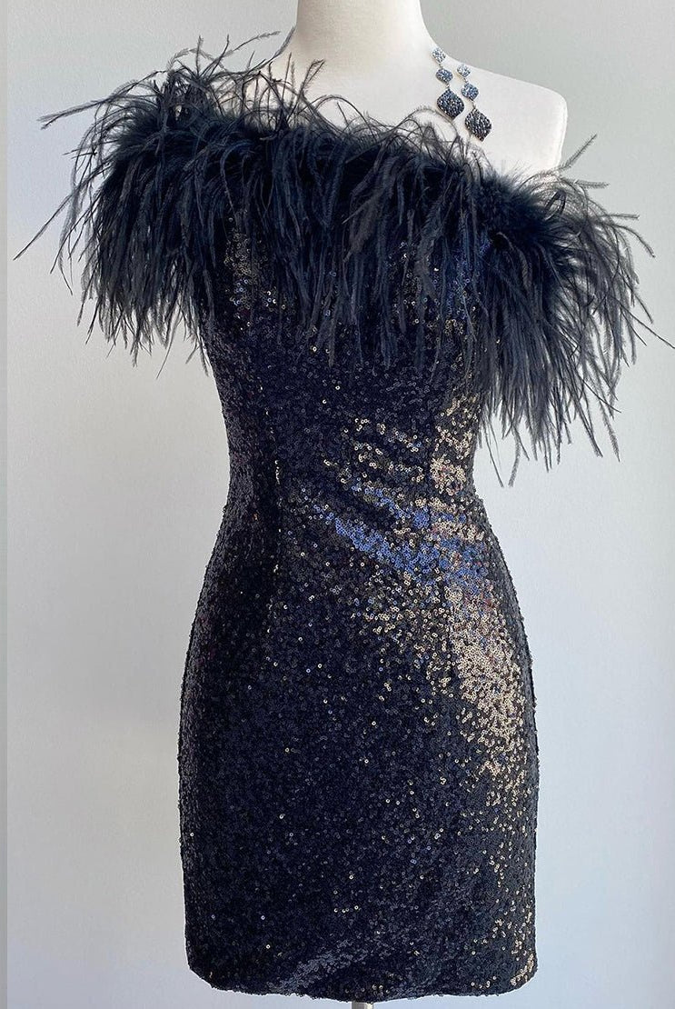 Yarah |Sheath One Shoulder Blue Sequins Homecoming Dress with Feather