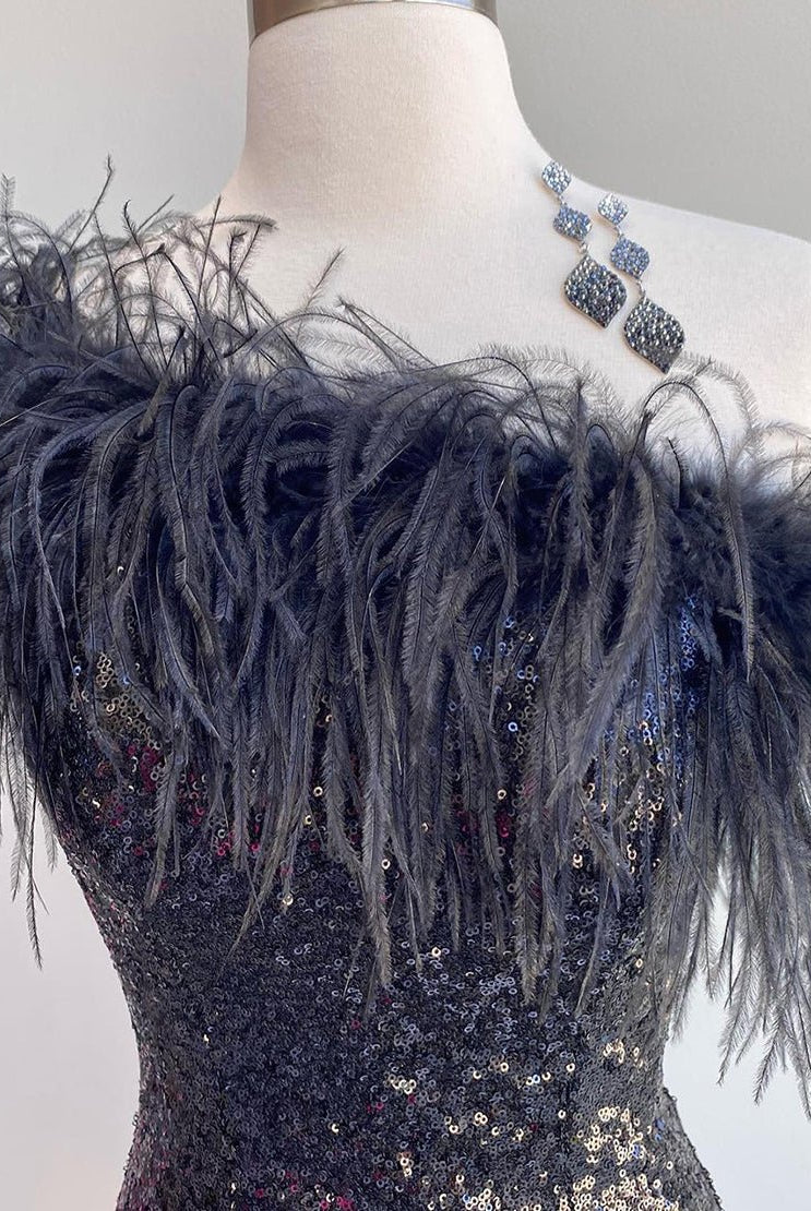 Yarah |Sheath One Shoulder Blue Sequins Homecoming Dress with Feather