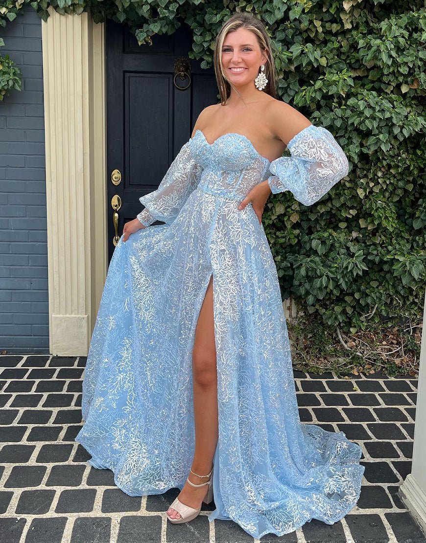 Raya |A - Line Sweetheart Lace Prom Dress with Sleeves - KissProm