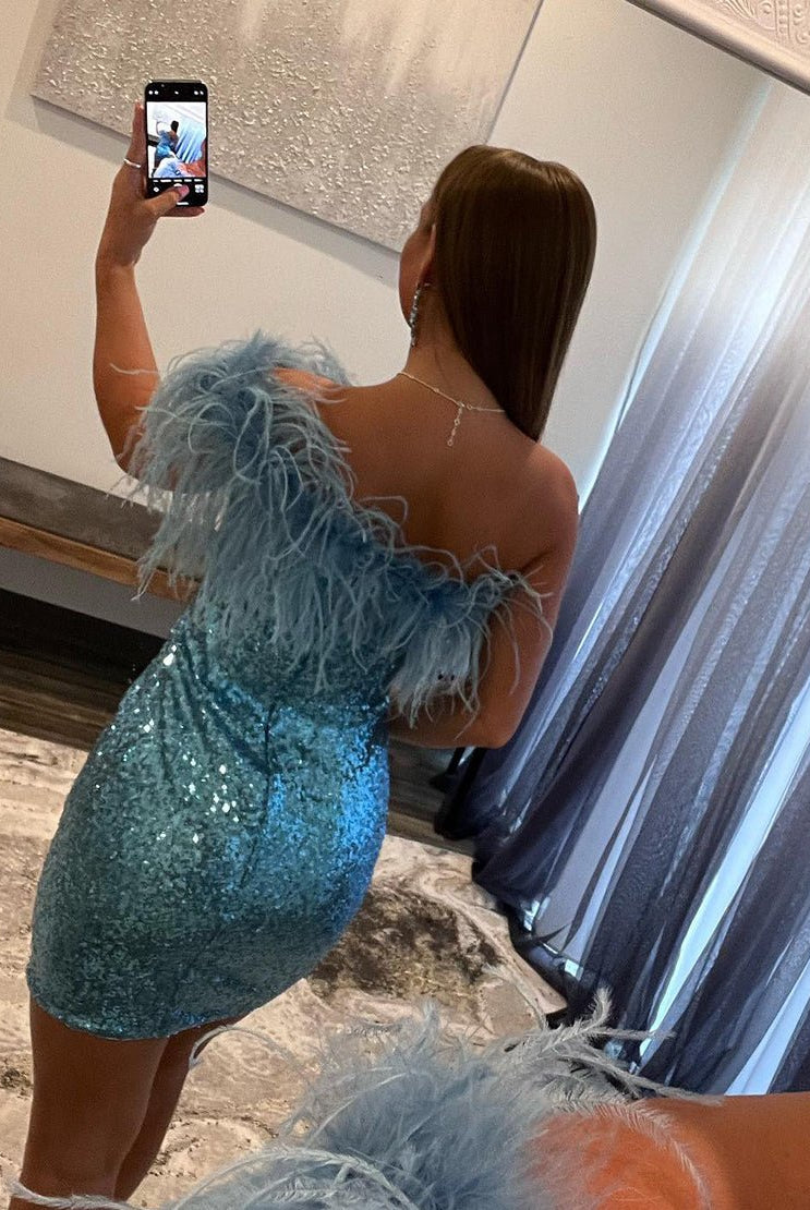 Yarah |Sheath One Shoulder Blue Sequins Homecoming Dress with Feather