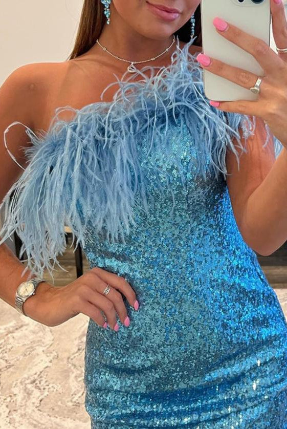 Yarah |Sheath One Shoulder Blue Sequins Homecoming Dress with Feather
