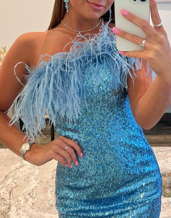 Yarah |Sheath One Shoulder Blue Sequins Homecoming Dress with Feather