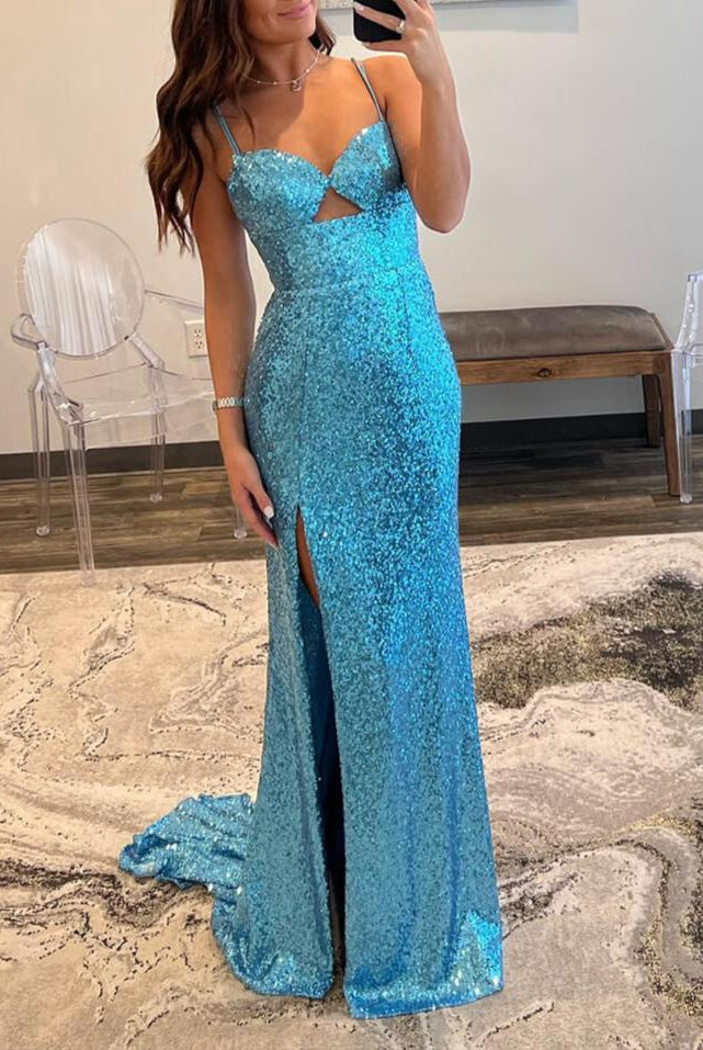 Araceli |Sheath Spaghetti Strap Sequin Prom Dress with Slit - KissProm