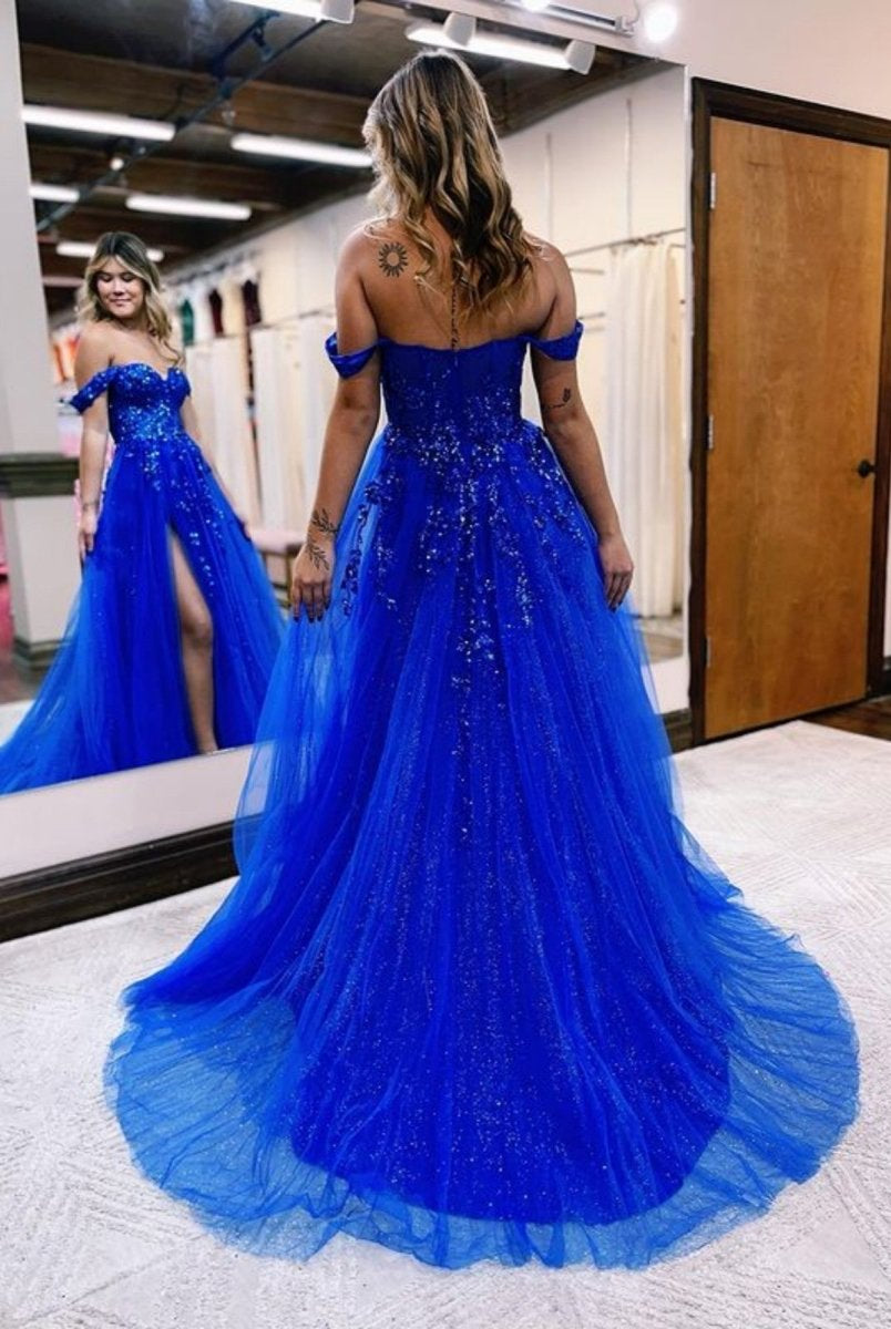 Meadow |A Line Off the Shoulder Lace Tulle Prom Dress With Slit