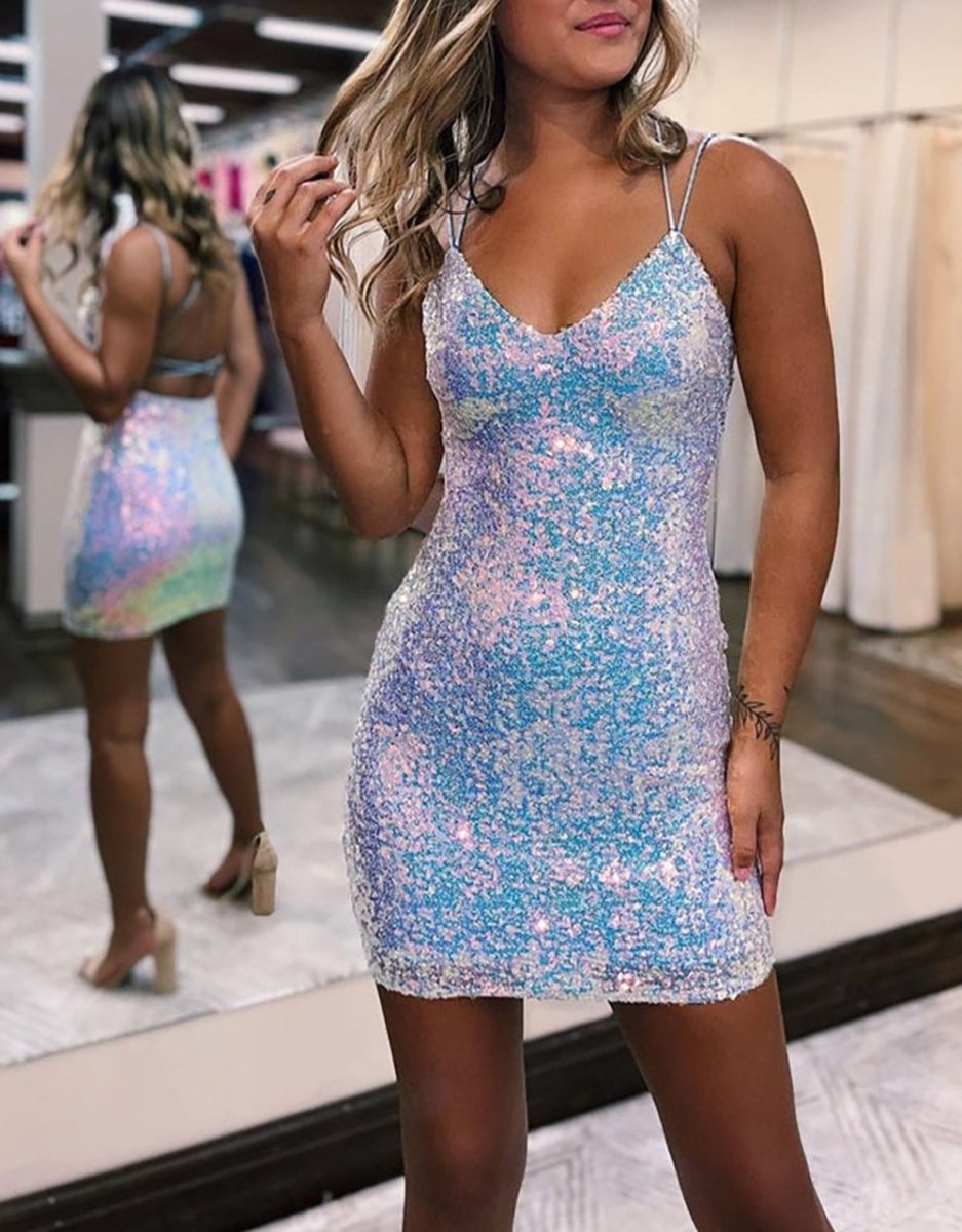 Valencia |Sheath V Neck Blue Sequins Homecoming Dress