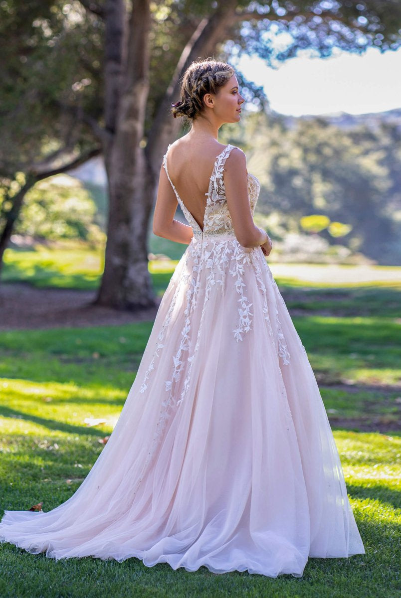 V - neck Applique Lace Tulle Sweep Train Prom Dress - KissProm