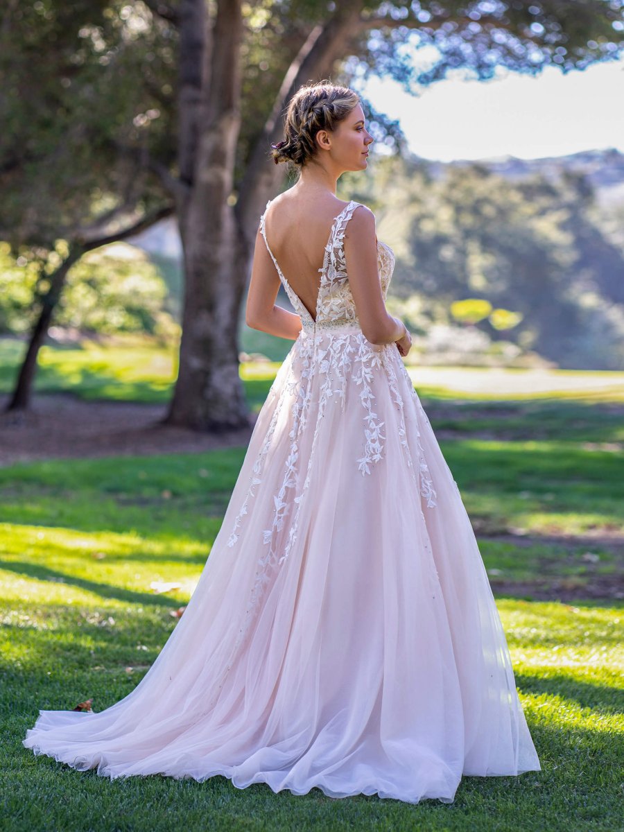 V - neck Applique Lace Tulle Sweep Train Prom Dress - KissProm