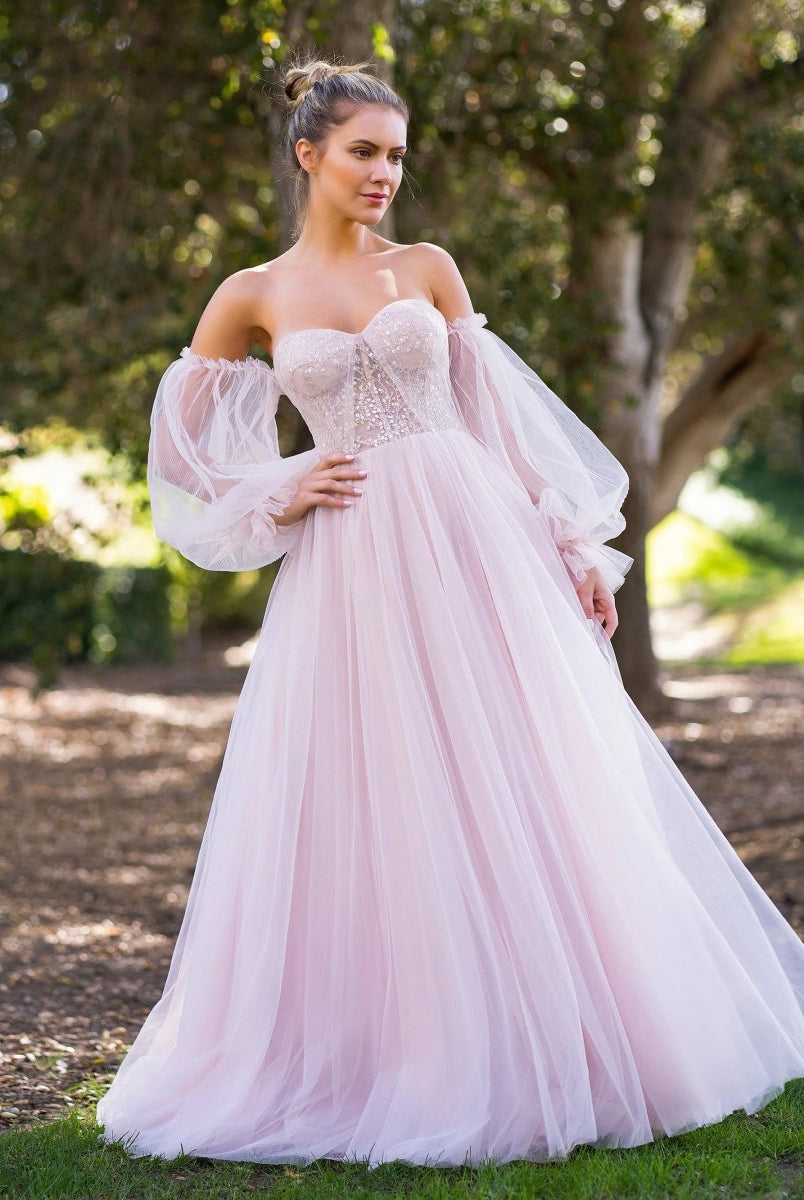 A-line Corset Off The Shoulder Floor Length Tulle Prom Dress with lace appliques