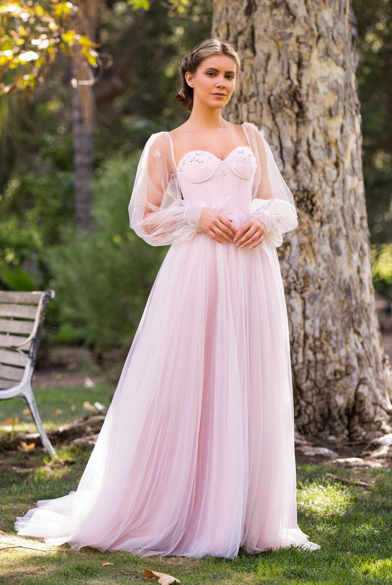 Corset Puffy Sleeves Floor Length Tulle Prom Dress