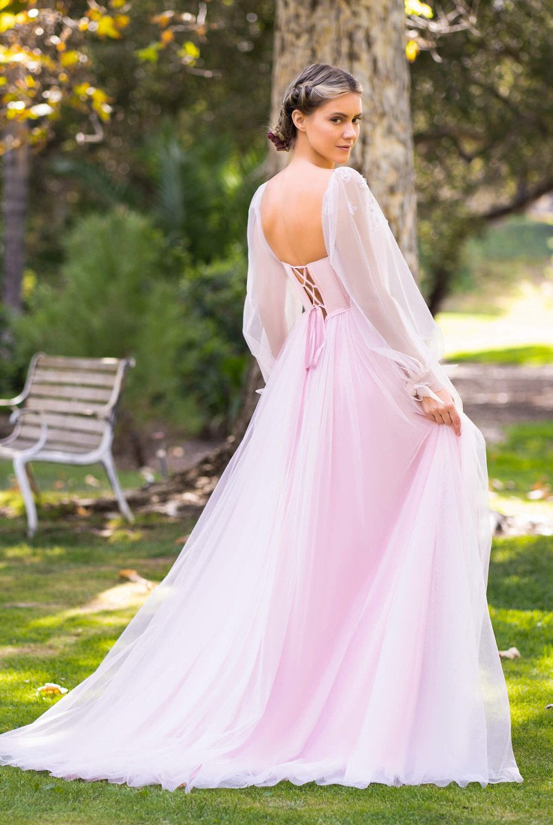 Corset Puffy Sleeves Floor Length Tulle Prom Dress