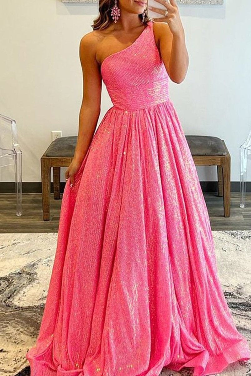 Charlee |A-Line One Shoulder Sequins Prom Dress with Pockets