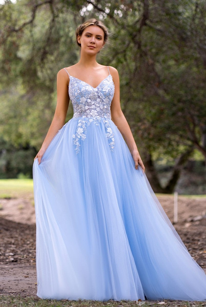 Deep V-Neck Applique Lace Floor Length Tulle Prom Dress