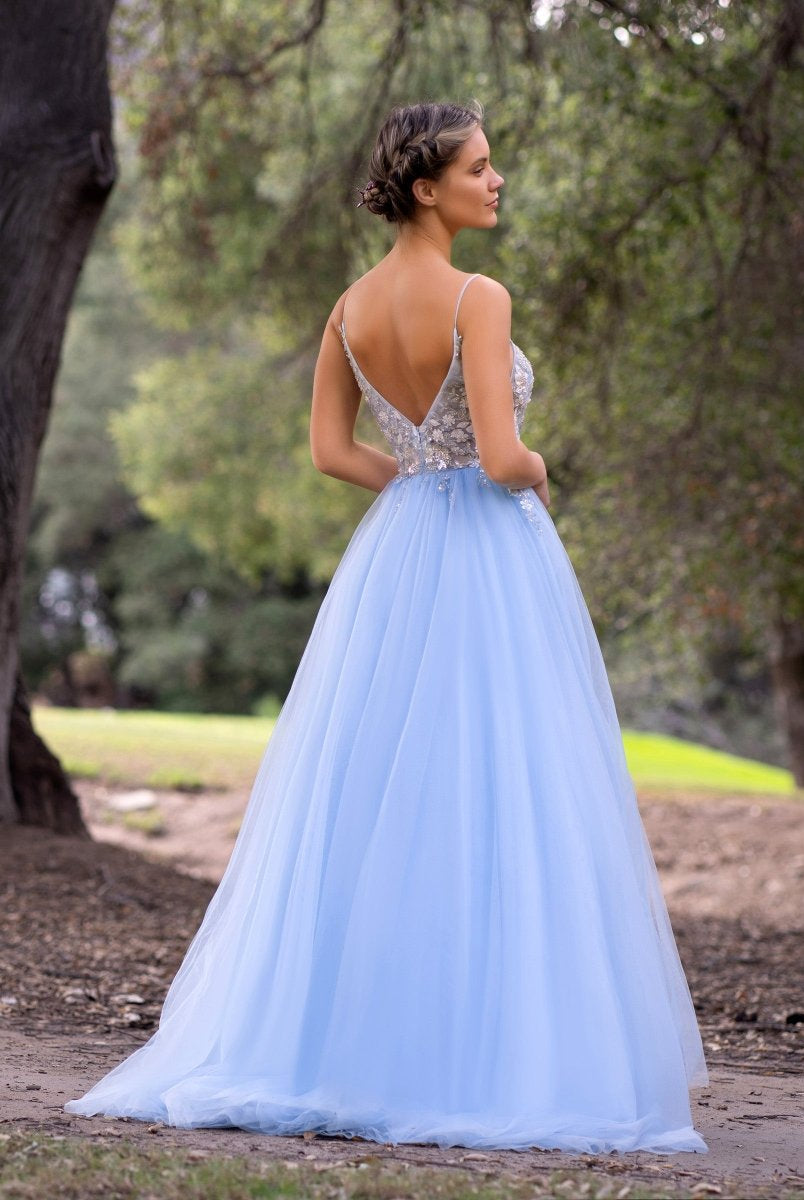 Deep V-Neck Applique Lace Floor Length Tulle Prom Dress