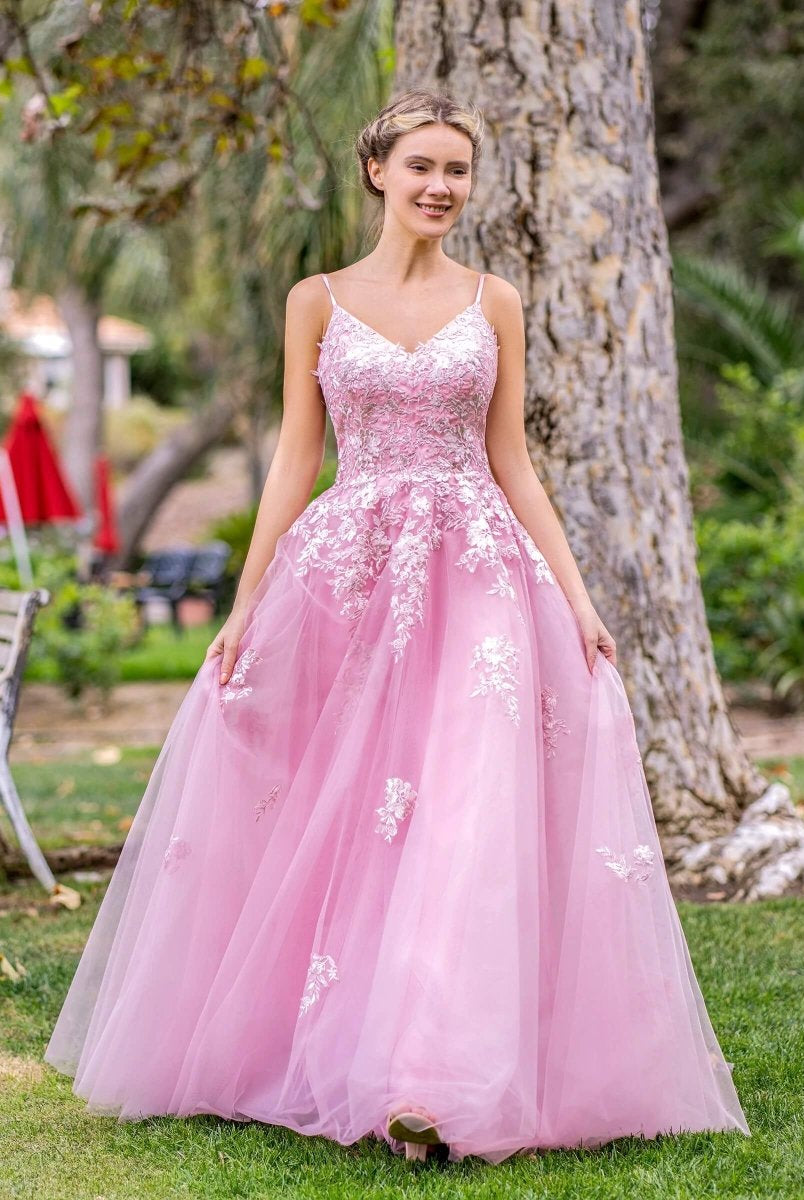 Deep V-Neck Applique Lace Floor Length Tulle Prom Dress