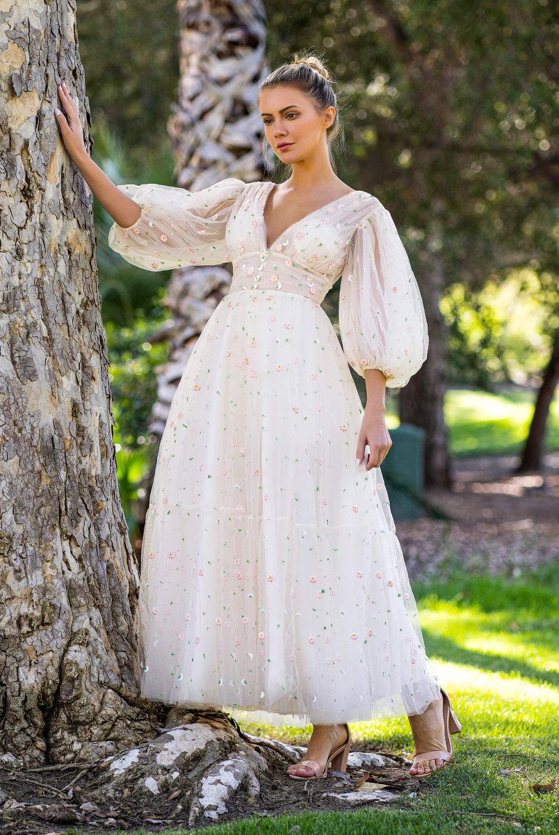 Deep V Starlit Cloud Ruffle Cuffs Maxi Length Dress