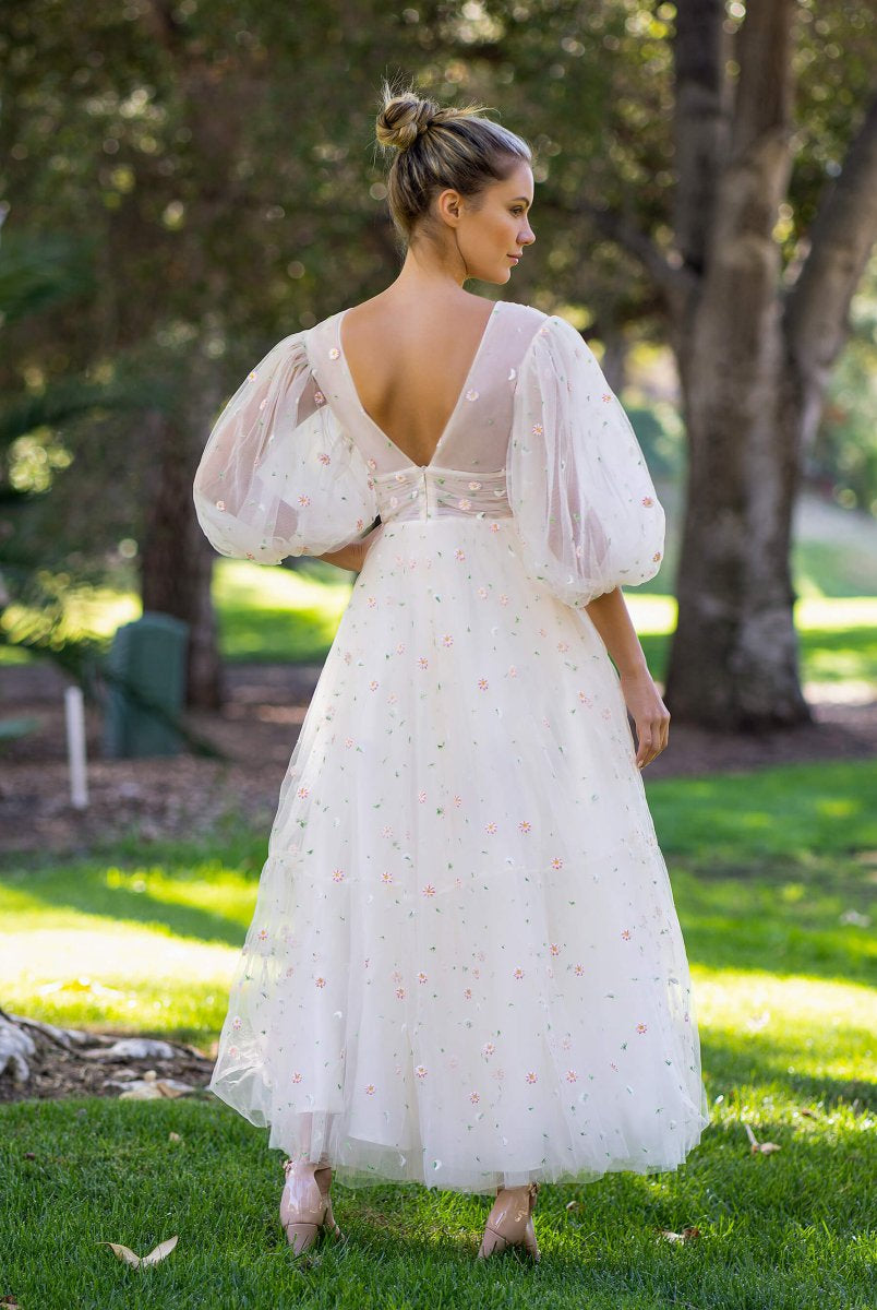 Deep V Starlit Cloud Ruffle Cuffs Maxi Length Dress