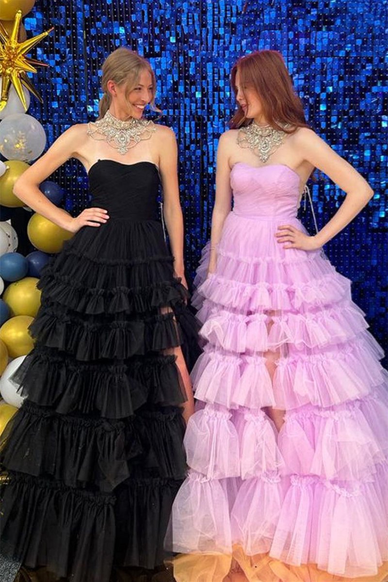 Linda |A - line Multi Tiered Strapless Tulle Prom Dress with Slit - KissProm