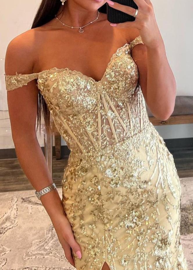 Soleil | Gold Sequin Lace Off the Shoulder Mermaid Prom Dress