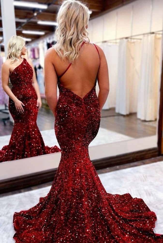 Jessica |Mermaid One Shoulder Sequins Backless Prom Dress